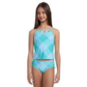 Hurley Girls Tankini 2-Piece Swimsuit Tropical Turquoise Blue Plaid Checkered